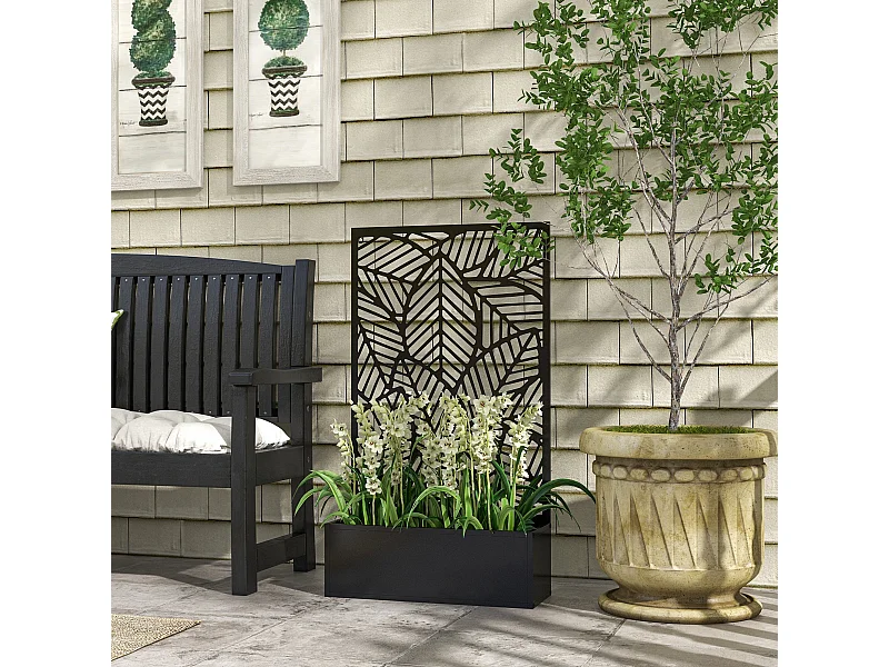 Fioriera rialzata con spalliera decorativa in metallo nero