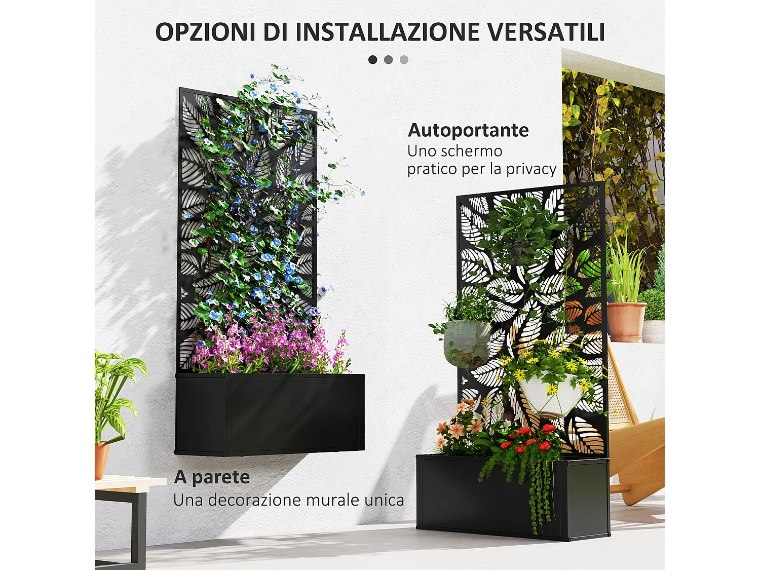 Fioriera con traliccio decorativo con intagli a foglie nero