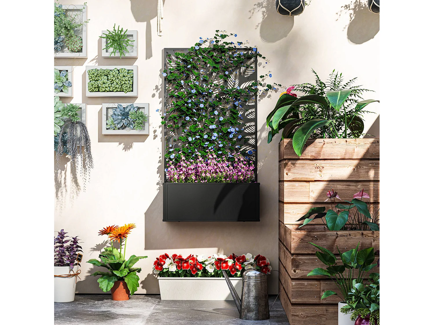 Fioriera con traliccio decorativo con intagli a foglie nero