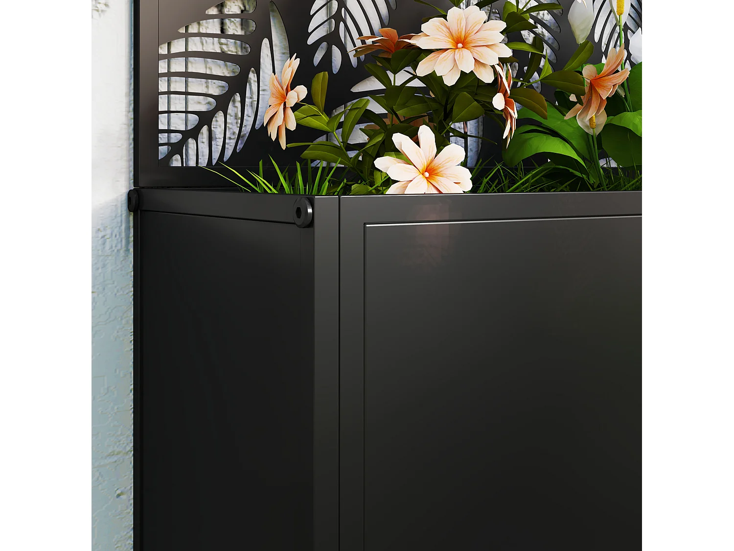 Fioriera con traliccio decorativo con intagli a foglie nero