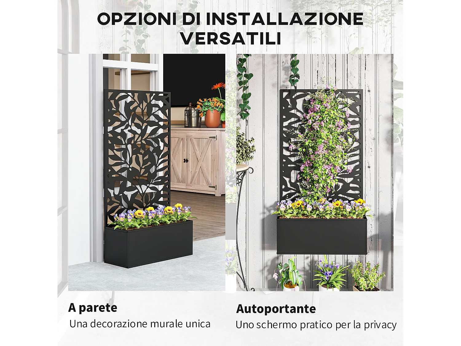 Fioriera con spalliera per rampicanti sospesa e da terra nero