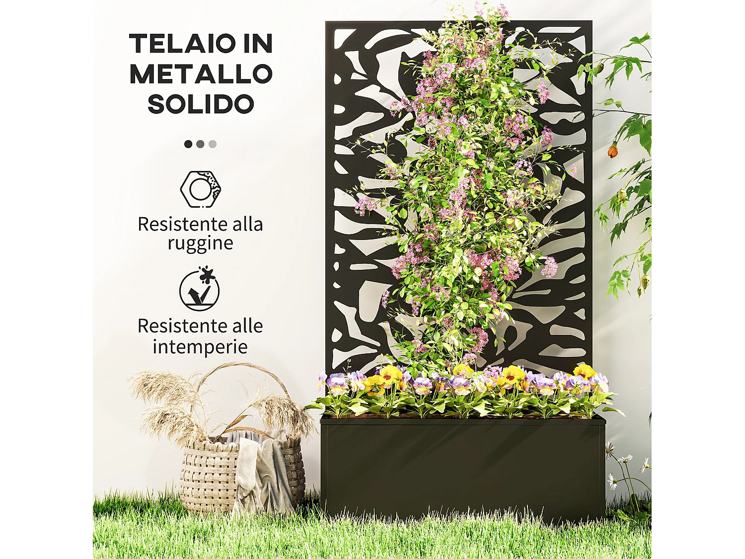 Fioriera con spalliera per rampicanti sospesa e da terra nero