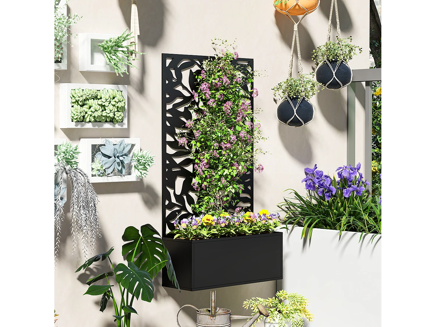 Fioriera con spalliera per rampicanti sospesa e da terra nero