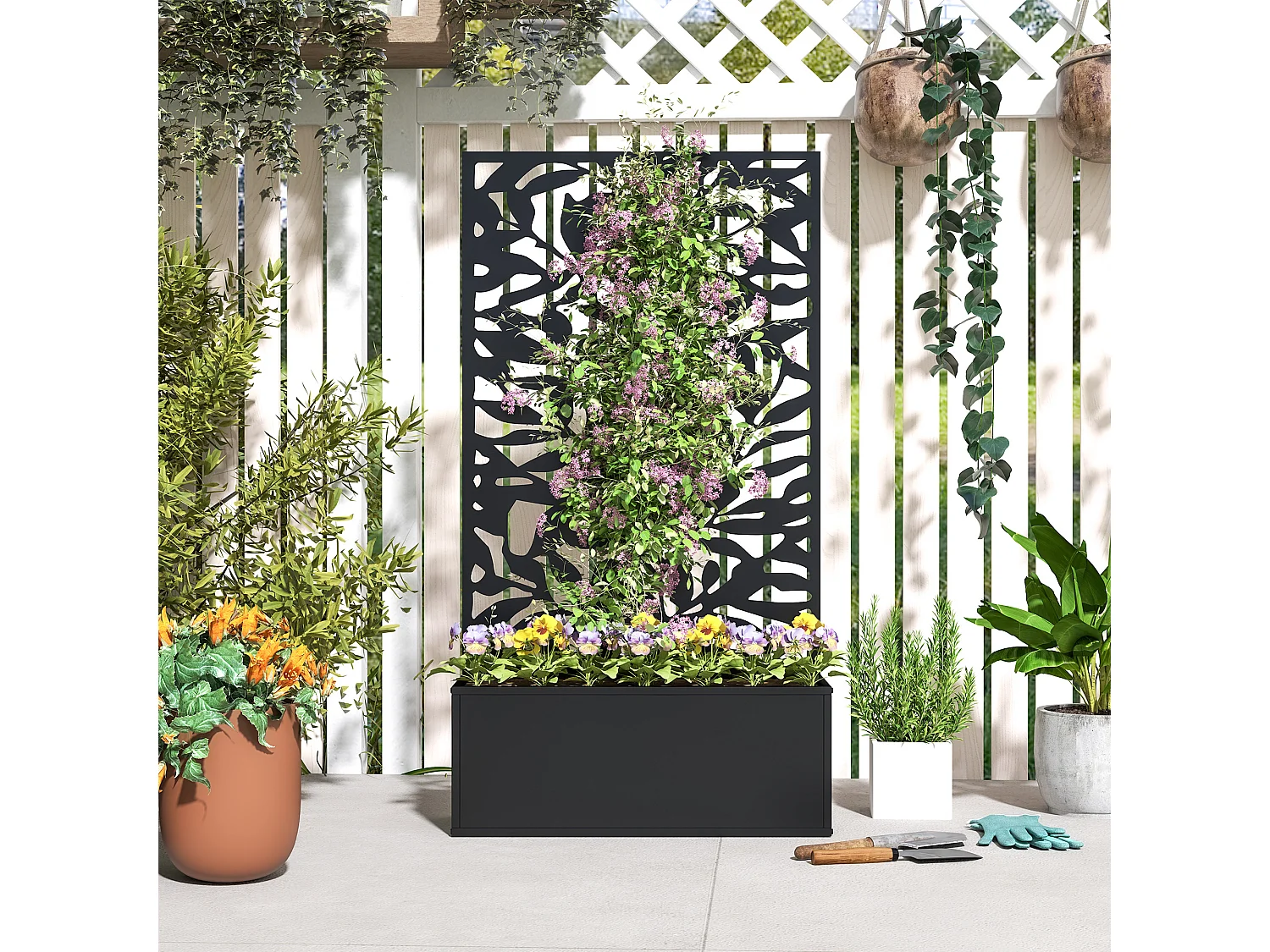 Fioriera con spalliera per rampicanti sospesa e da terra nero