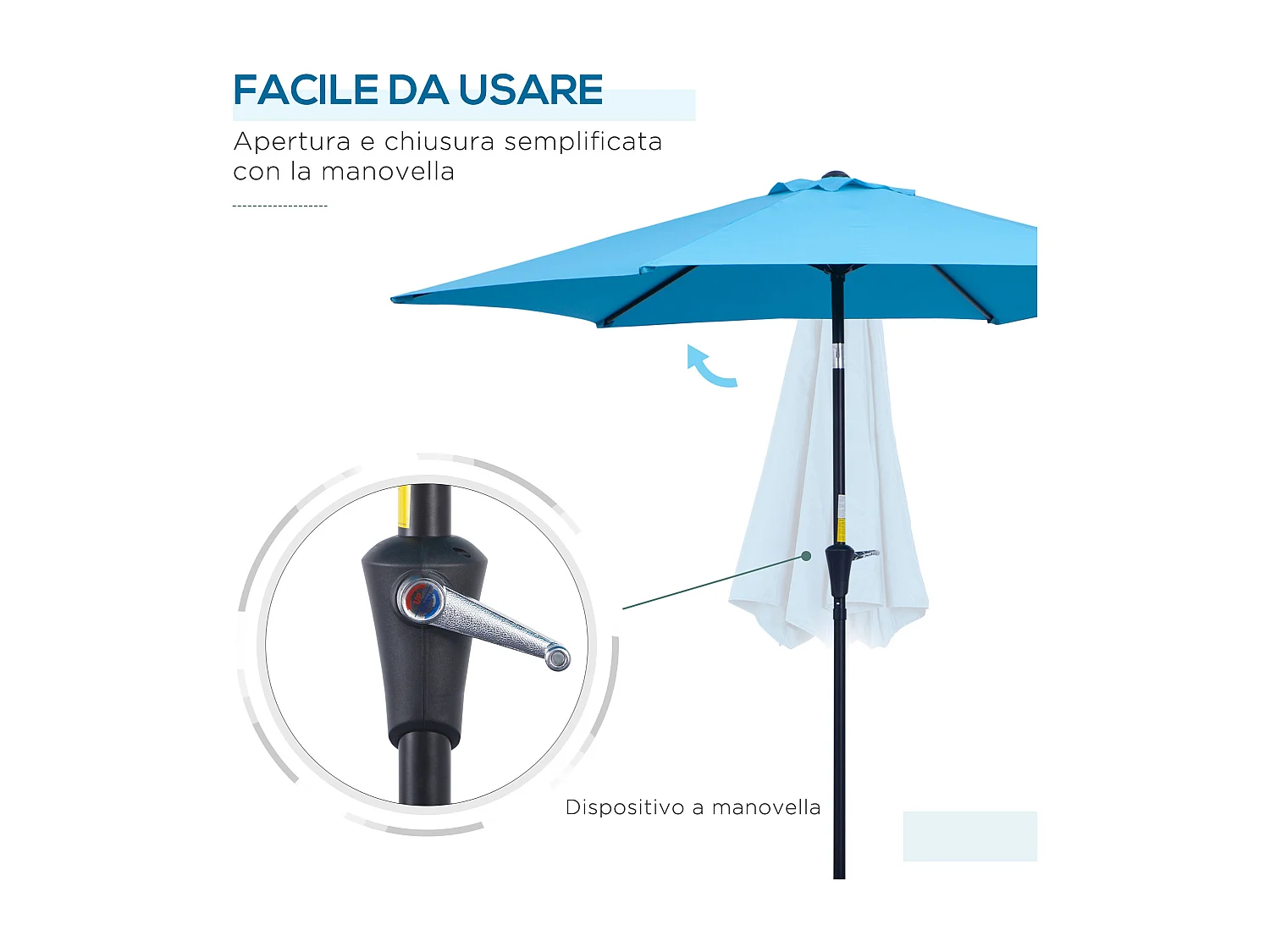 Ombrellone da giardino Ø2.6x2.4 m con manovella e inclinabile blu