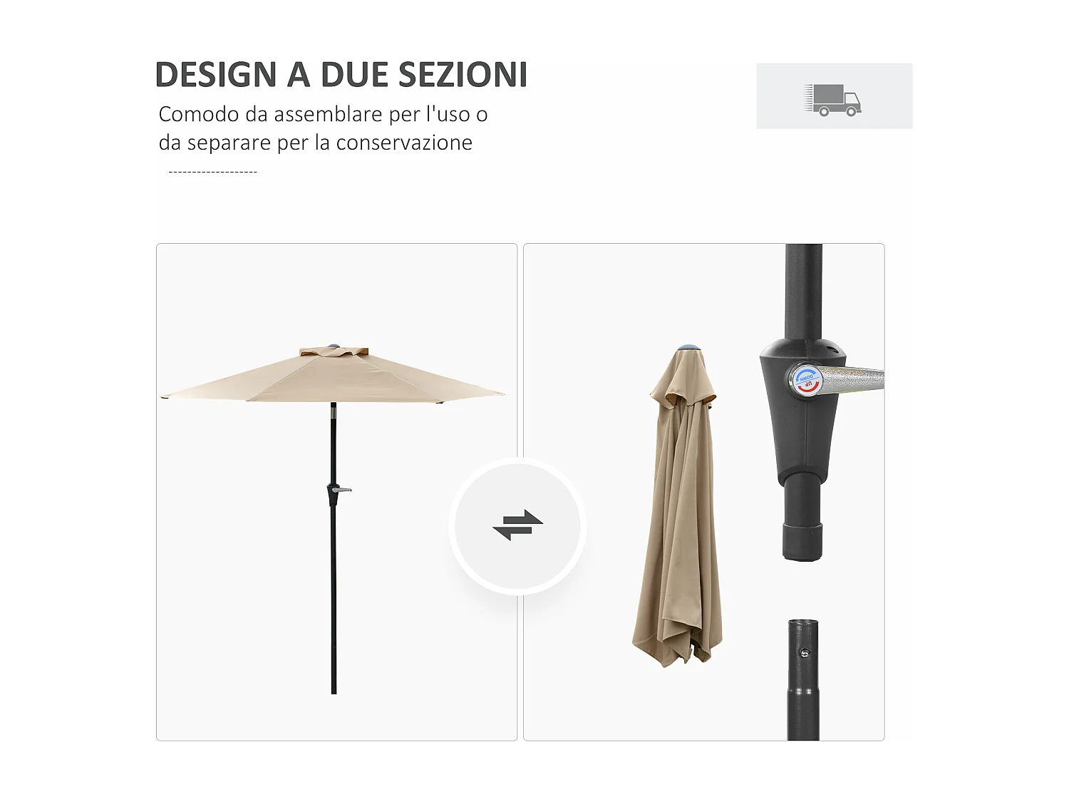 Ombrellone da giardino a manovella inclinabile 2.3x2m cachi