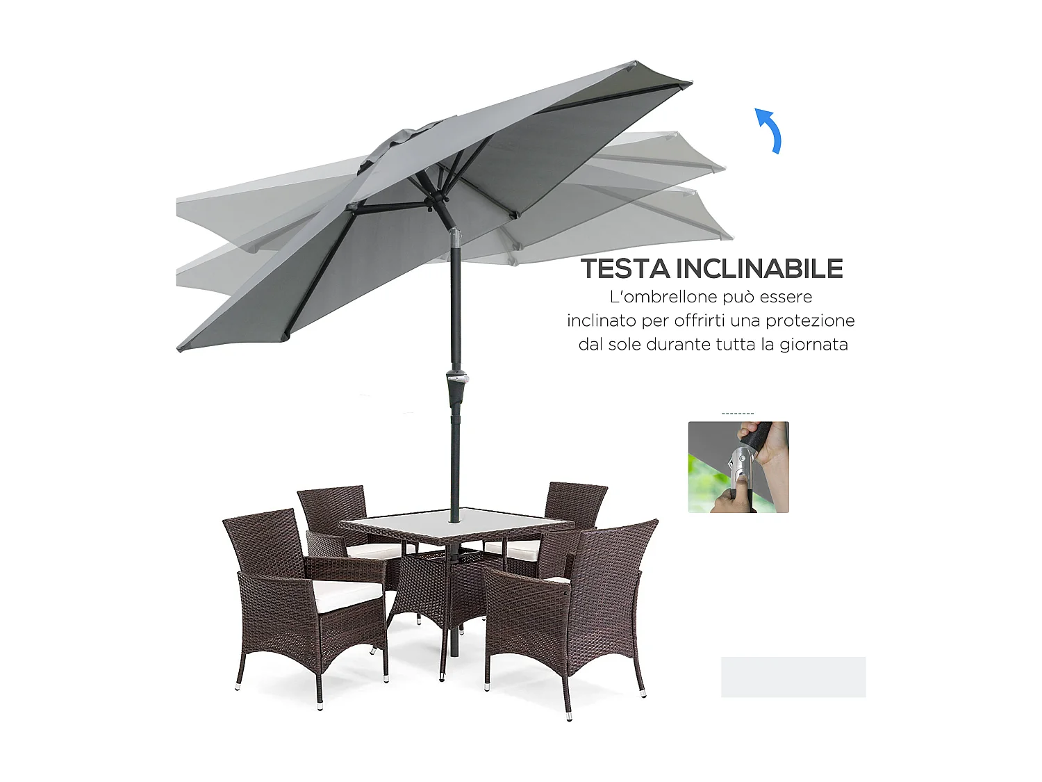 Ombrellone da giardino a manovella inclinabile 2.3x2m grigio