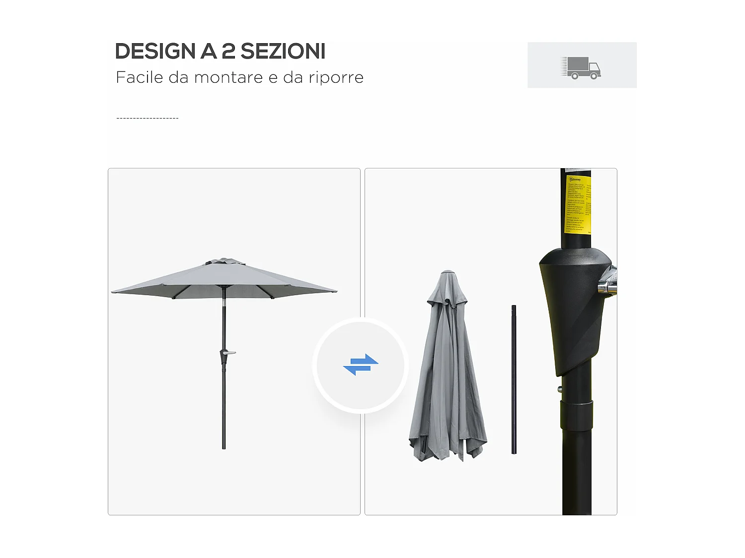 Ombrellone da giardino a manovella inclinabile 2.3x2m grigio