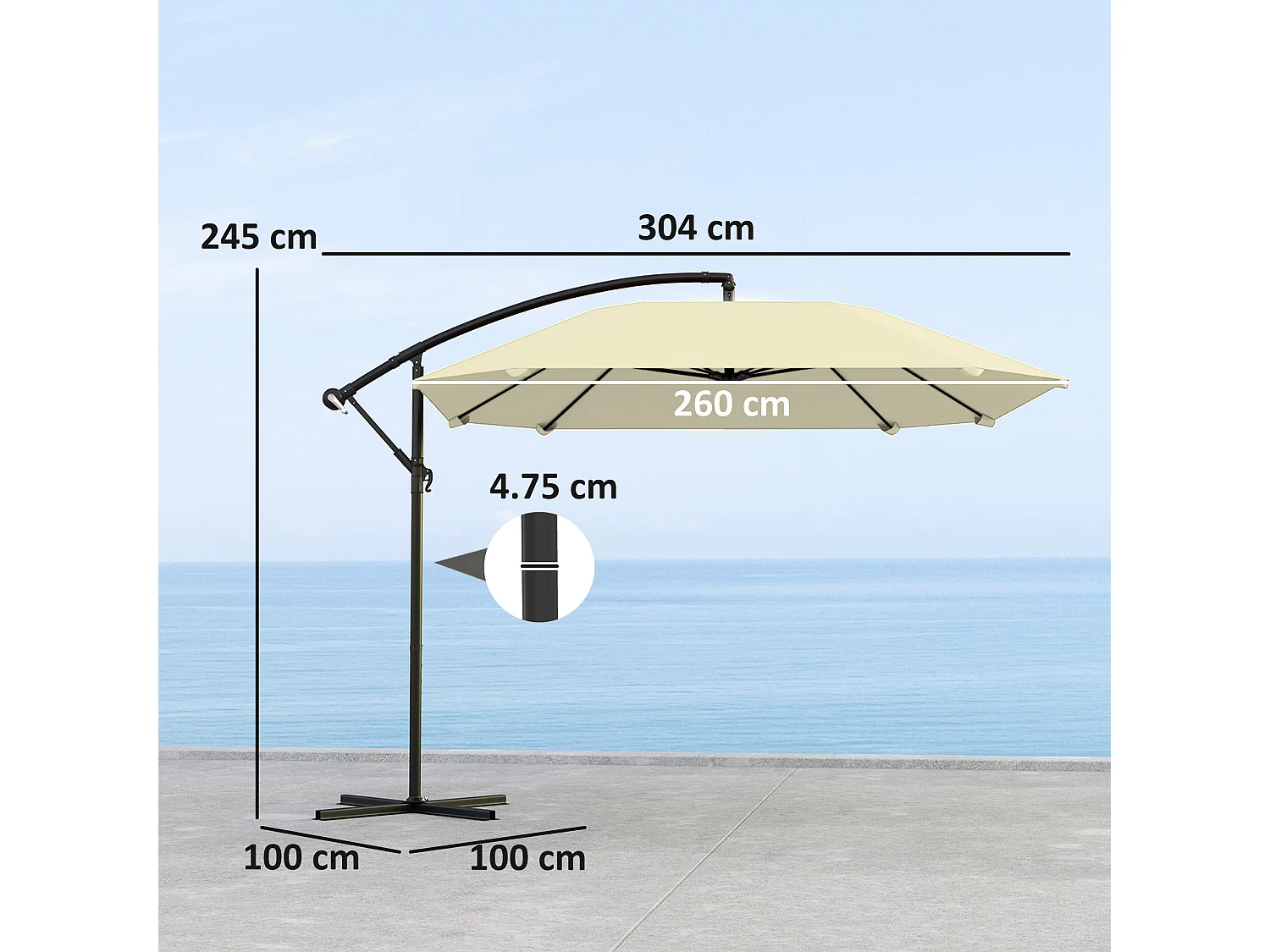 Ombrellone a sbalzo con copertura regolabile e base a croce crema