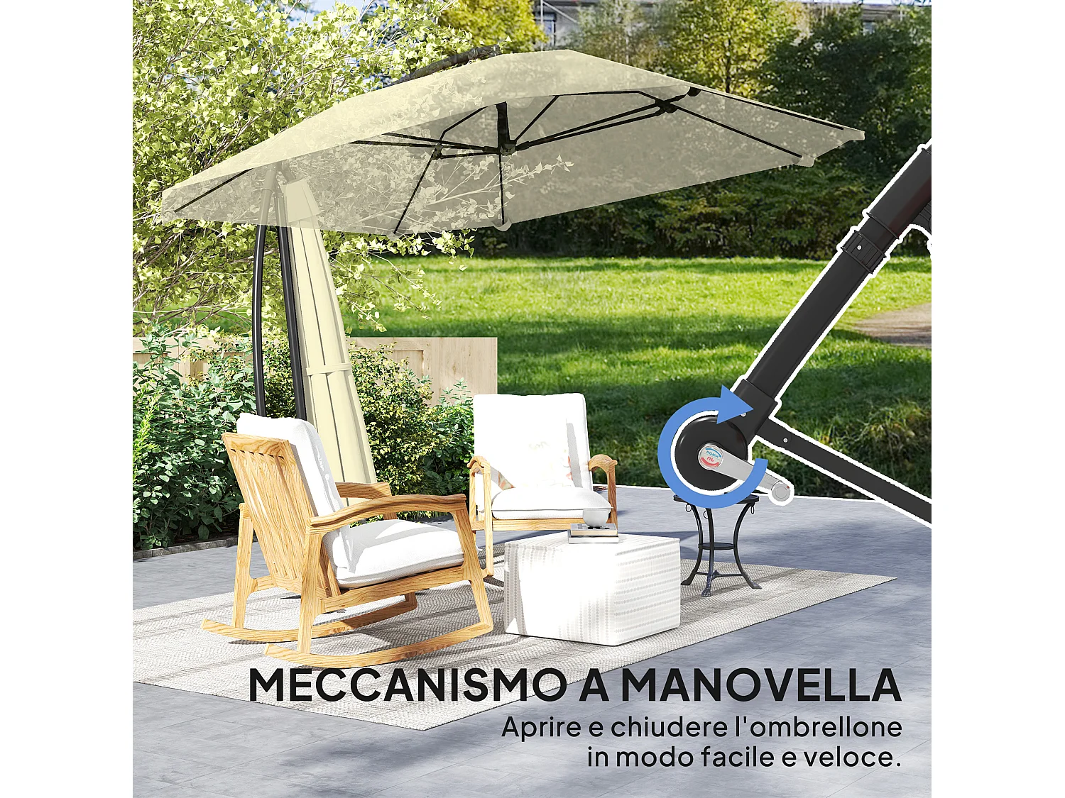 Ombrellone a sbalzo con copertura regolabile e base a croce crema