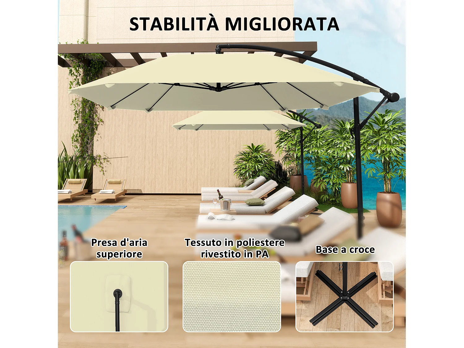 Ombrellone a sbalzo con copertura regolabile e base a croce crema