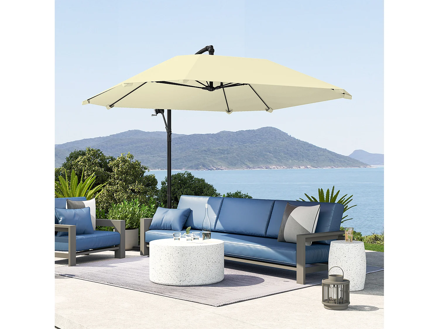 Ombrellone a sbalzo con copertura regolabile e base a croce crema