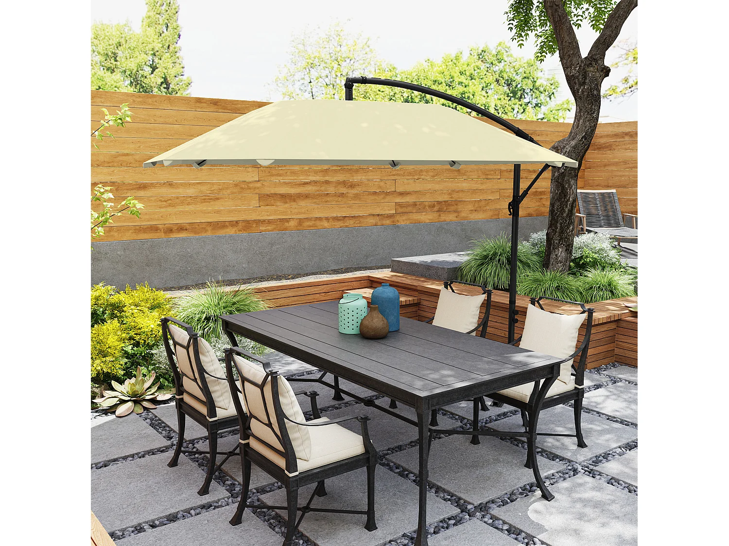 Ombrellone a sbalzo con copertura regolabile e base a croce crema