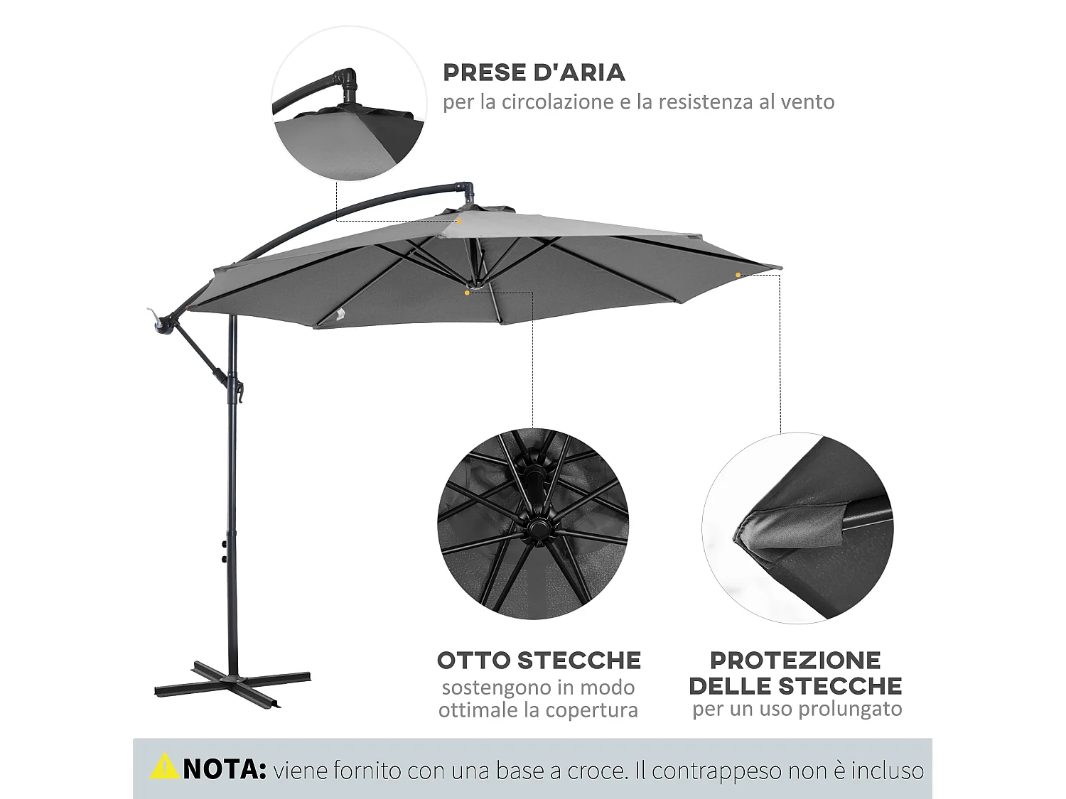 Ombrellone da esterni con manovella 3x2.5 m grigio