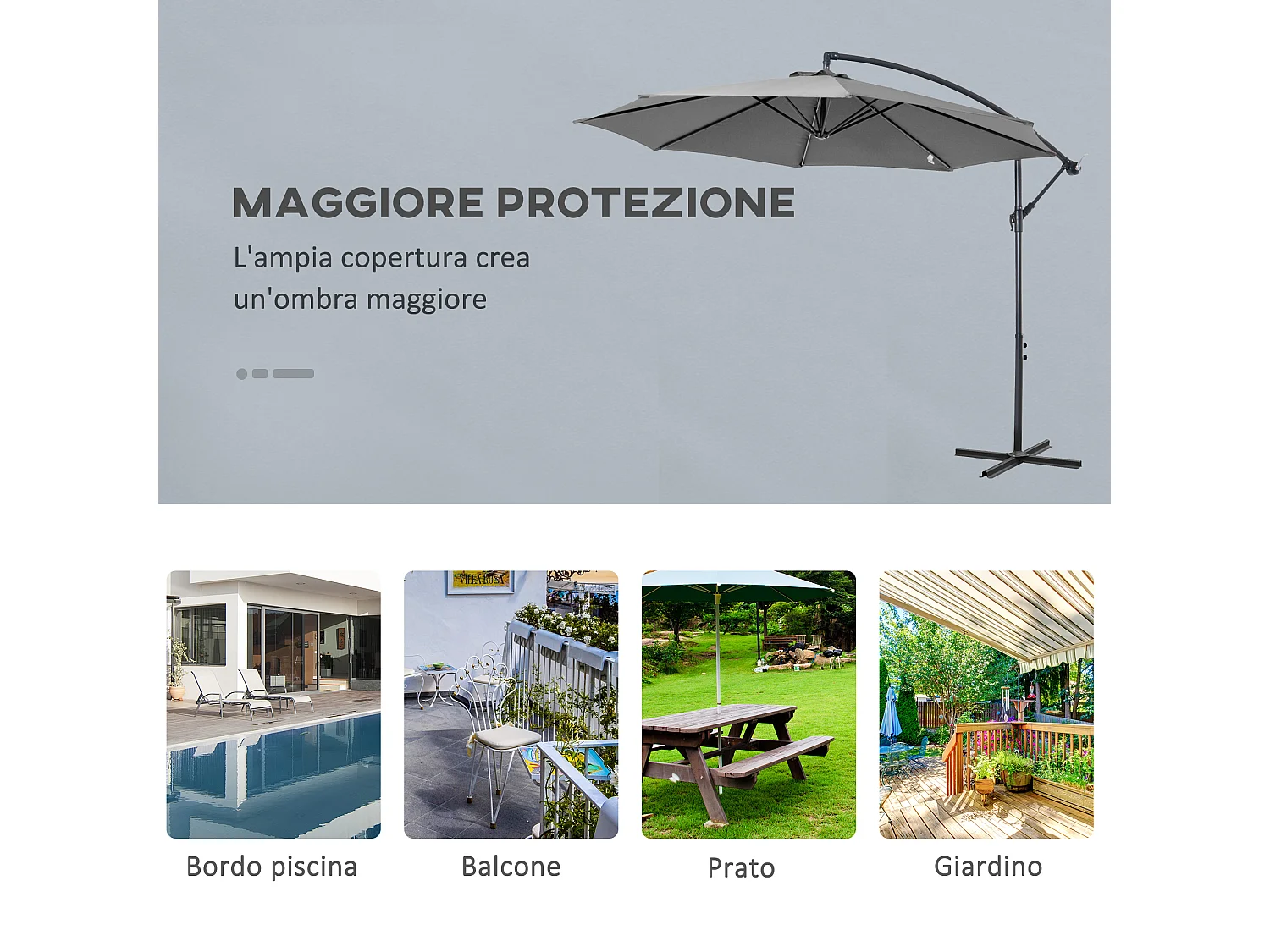 Ombrellone da esterni con manovella 3x2.5 m grigio