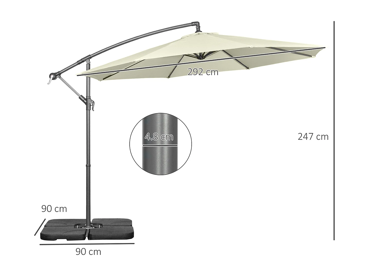 Ombrellone decentrato con manovella, base a croce e pesi beige