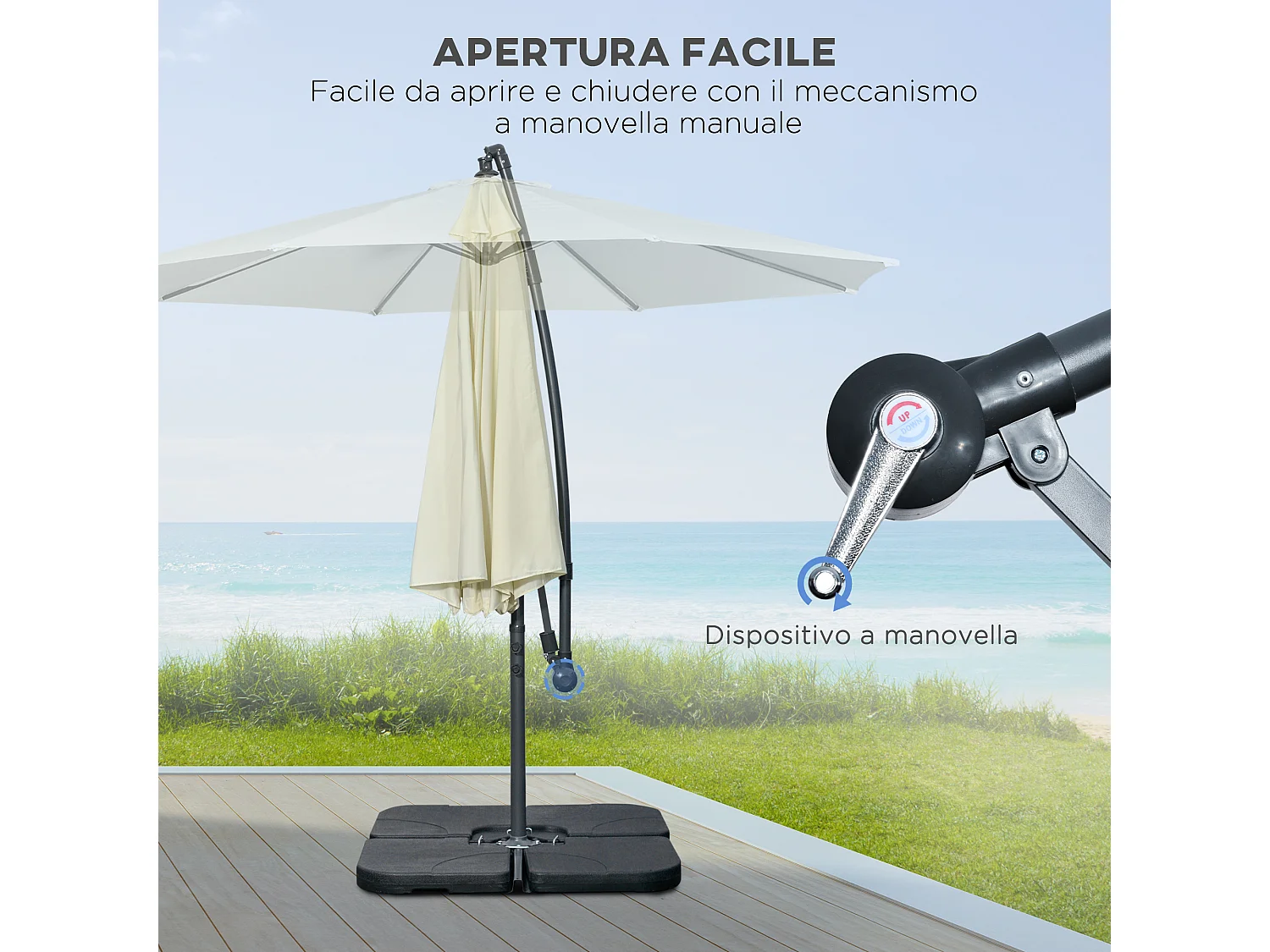 Ombrellone decentrato con manovella, base a croce e pesi beige