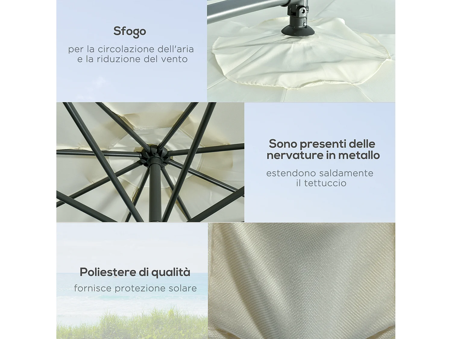 Ombrellone decentrato con manovella, base a croce e pesi beige