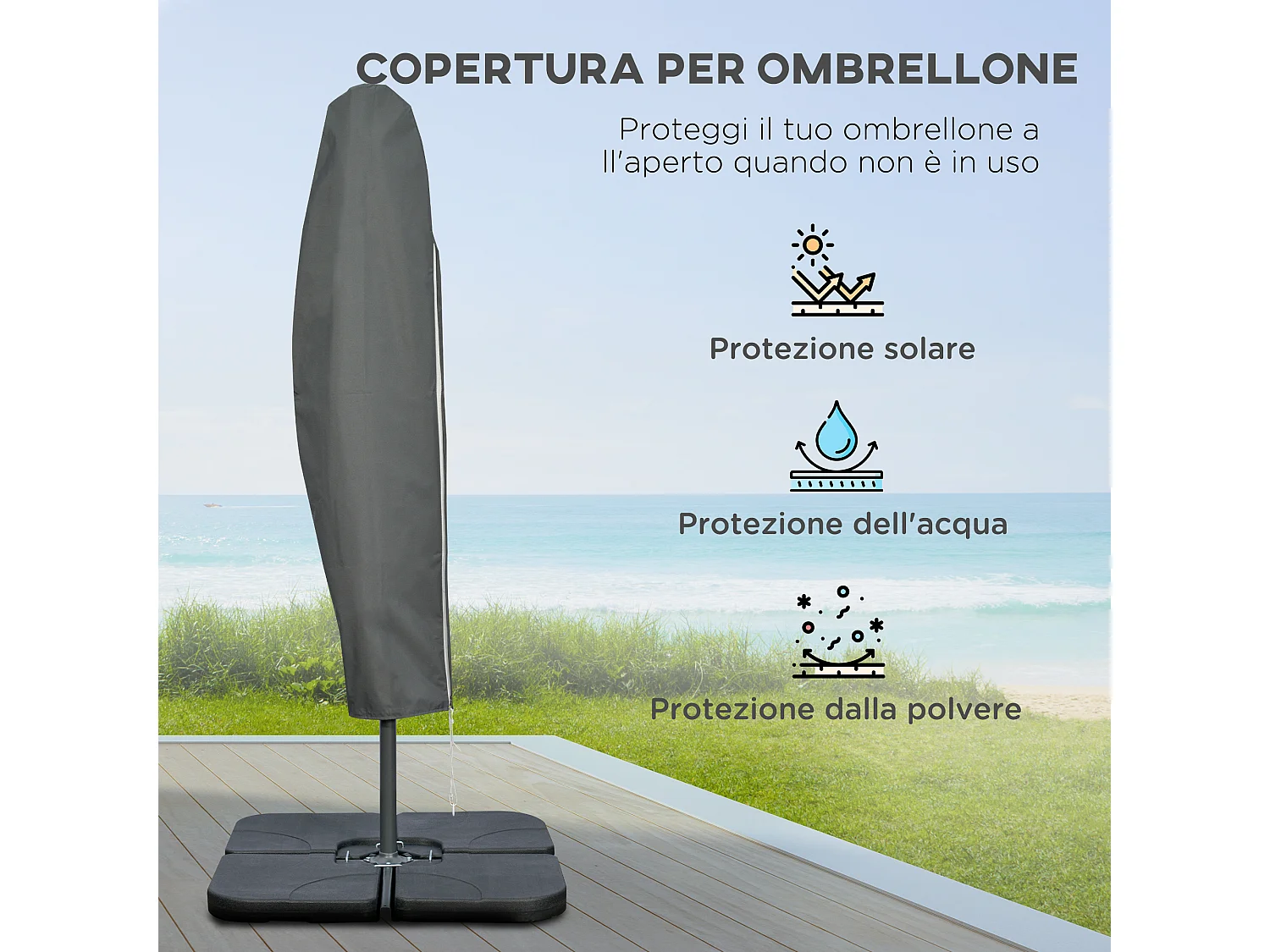 Ombrellone decentrato con manovella, base a croce e pesi beige