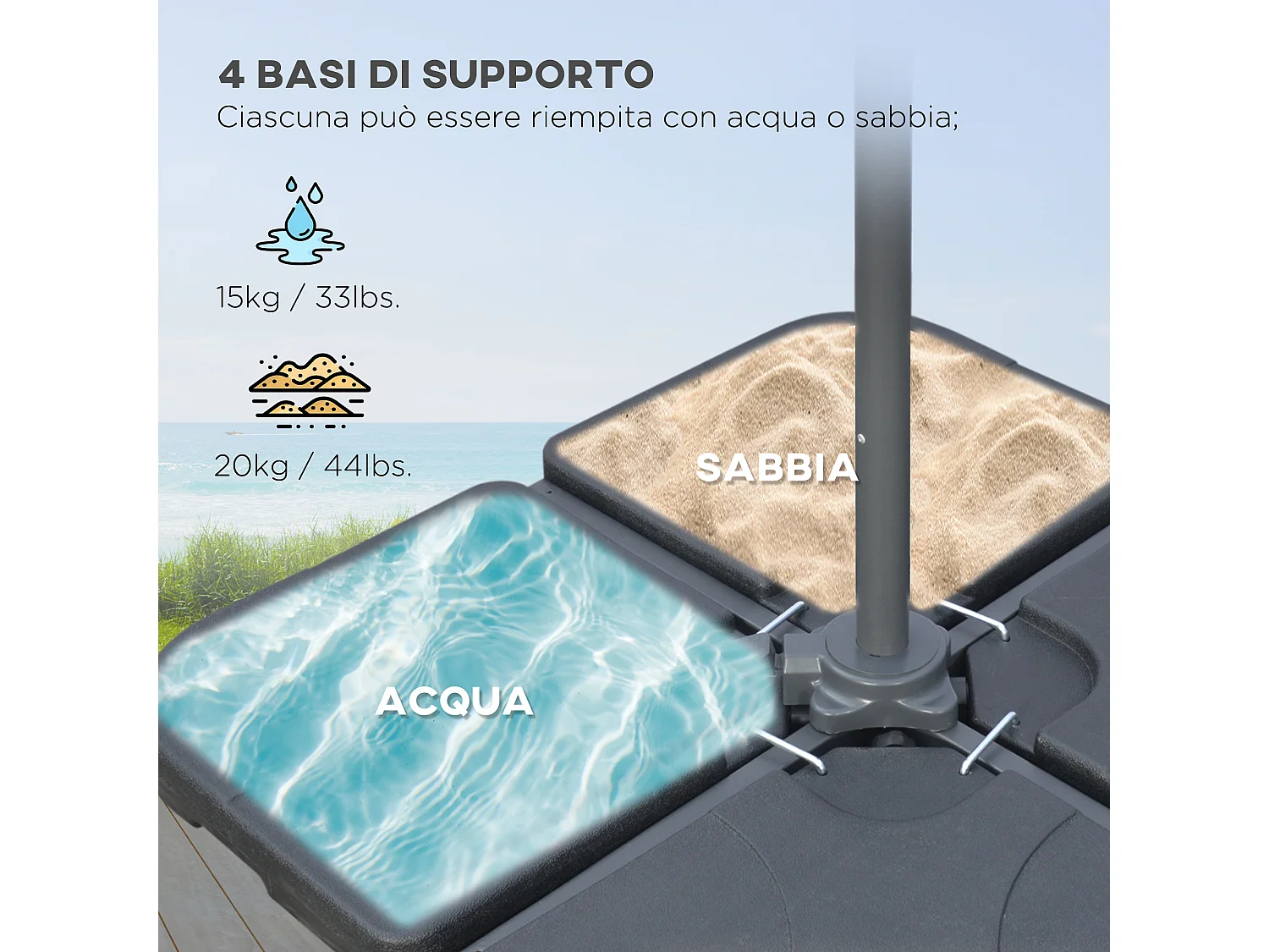 Ombrellone decentrato con manovella, base a croce e pesi beige