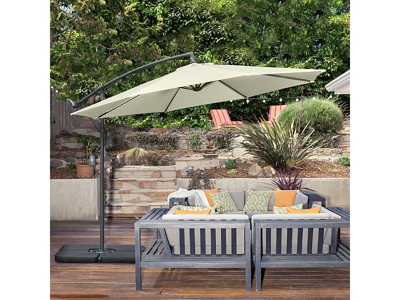 Ombrellone decentrato con manovella, base a croce e pesi beige