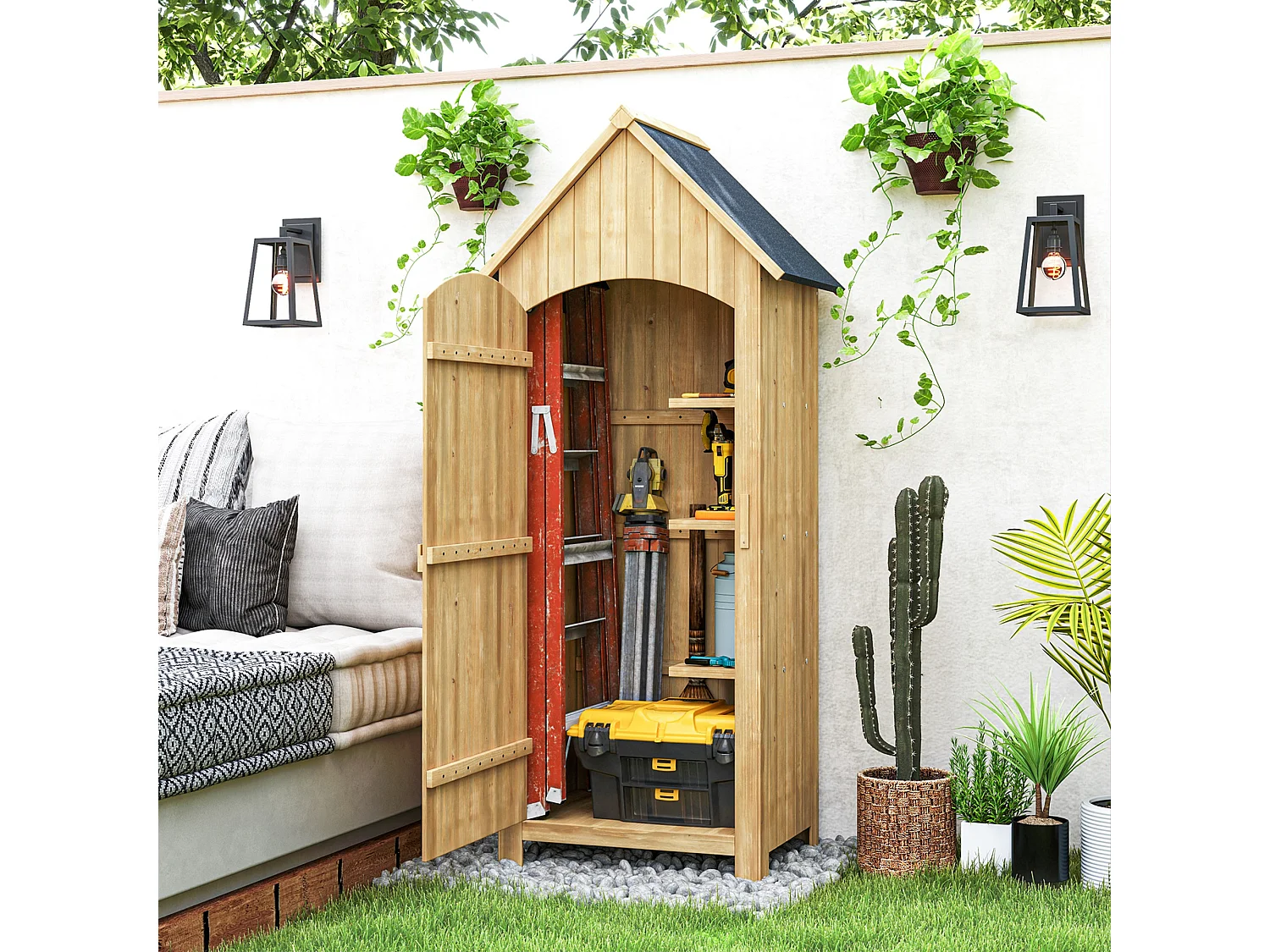 Casetta da giardino porta attrezzi con porte e mensole in legno