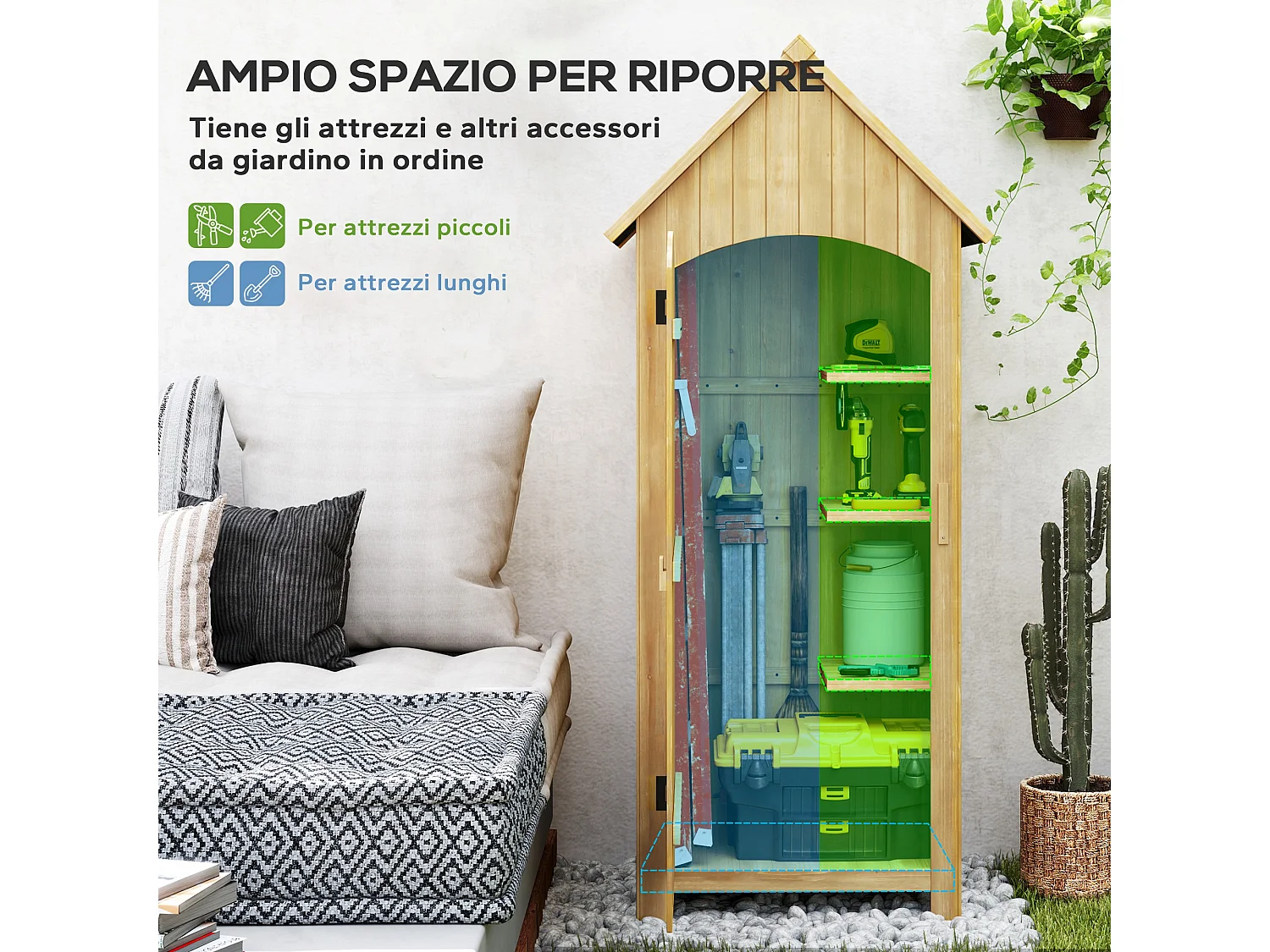 Casetta da giardino porta attrezzi con porte e mensole in legno