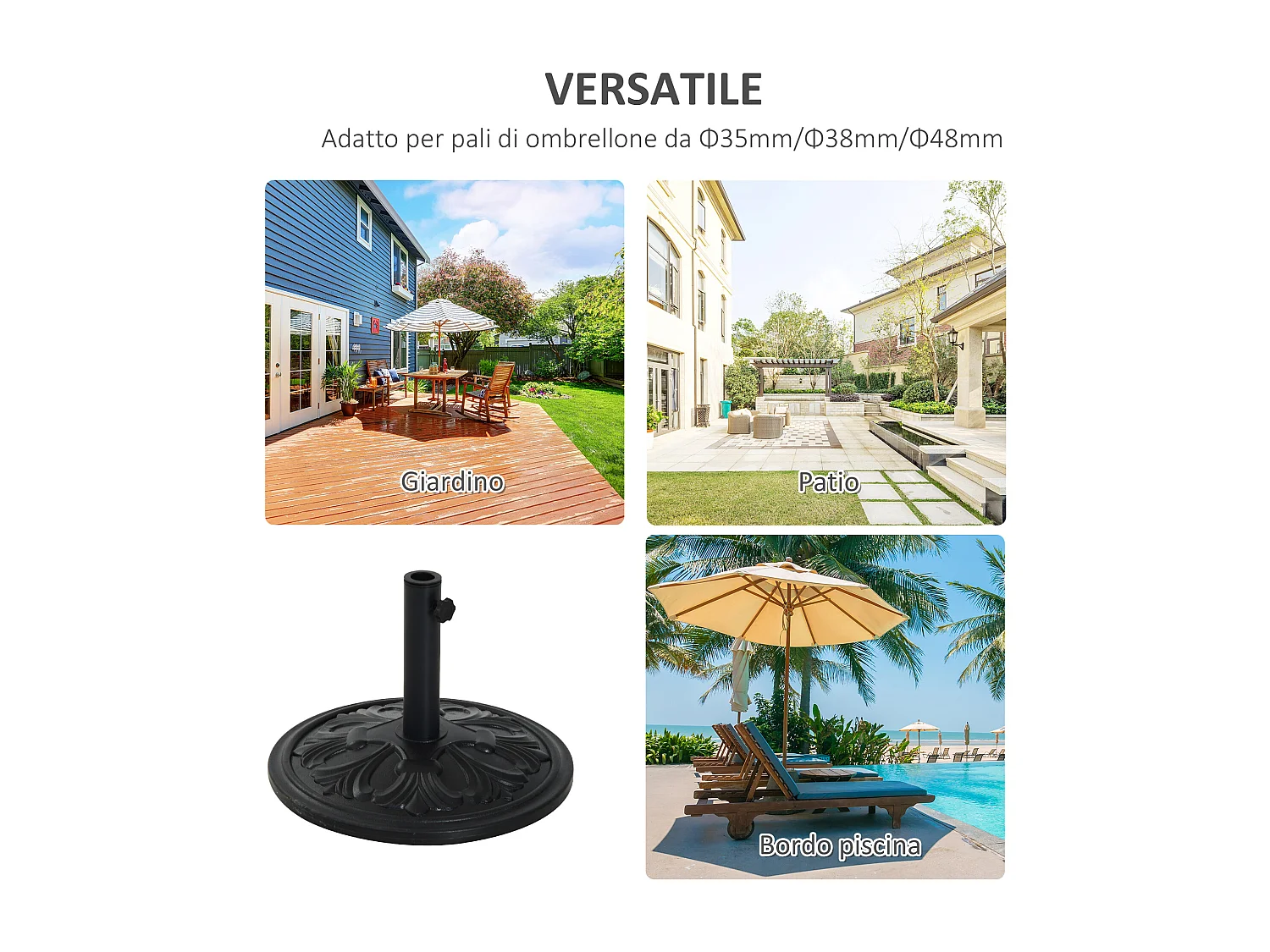 Base ombrellone ø48cm in plastica 13kg per pali ø35 38 48 mm