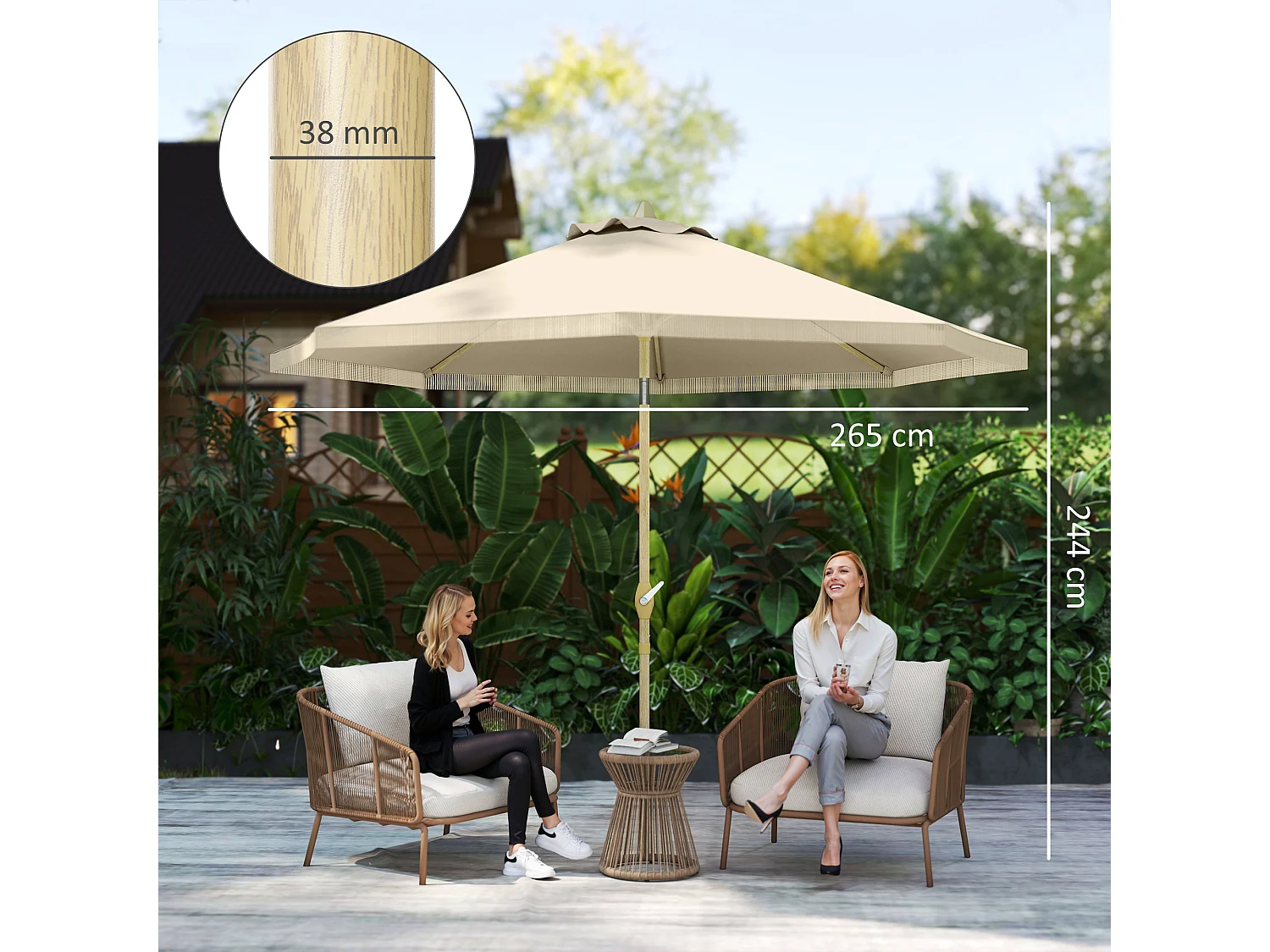 Ombrellone da giardino boho con apertura a manovella crema