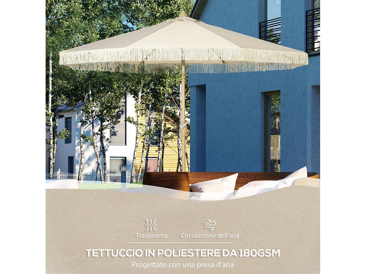 Ombrellone da giardino boho con apertura a manovella crema