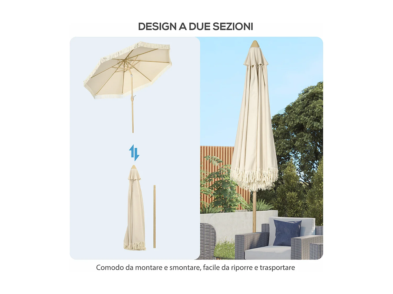 Ombrellone da giardino boho con apertura a manovella crema
