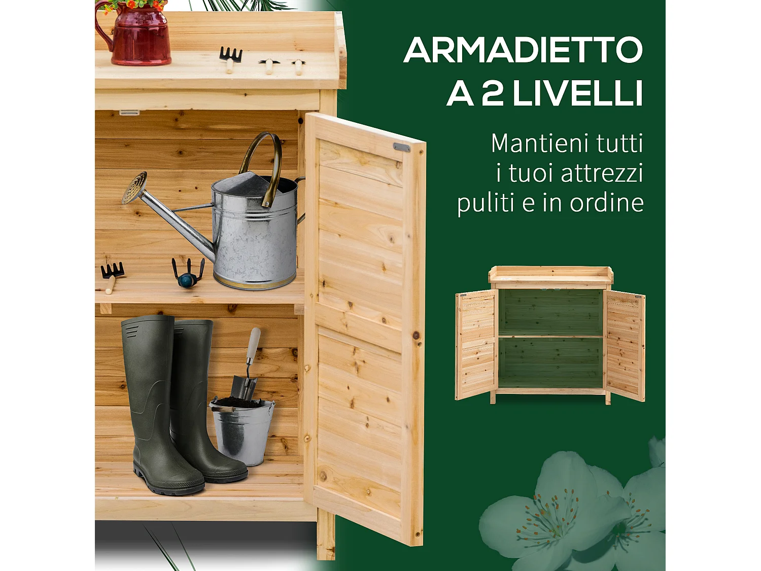 Armadietto da esterno a 2 ripiani in legno di abete