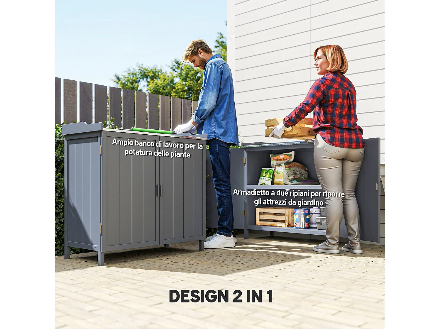 Armadietto da esterno a 2 livelli in legno e metallo grigio