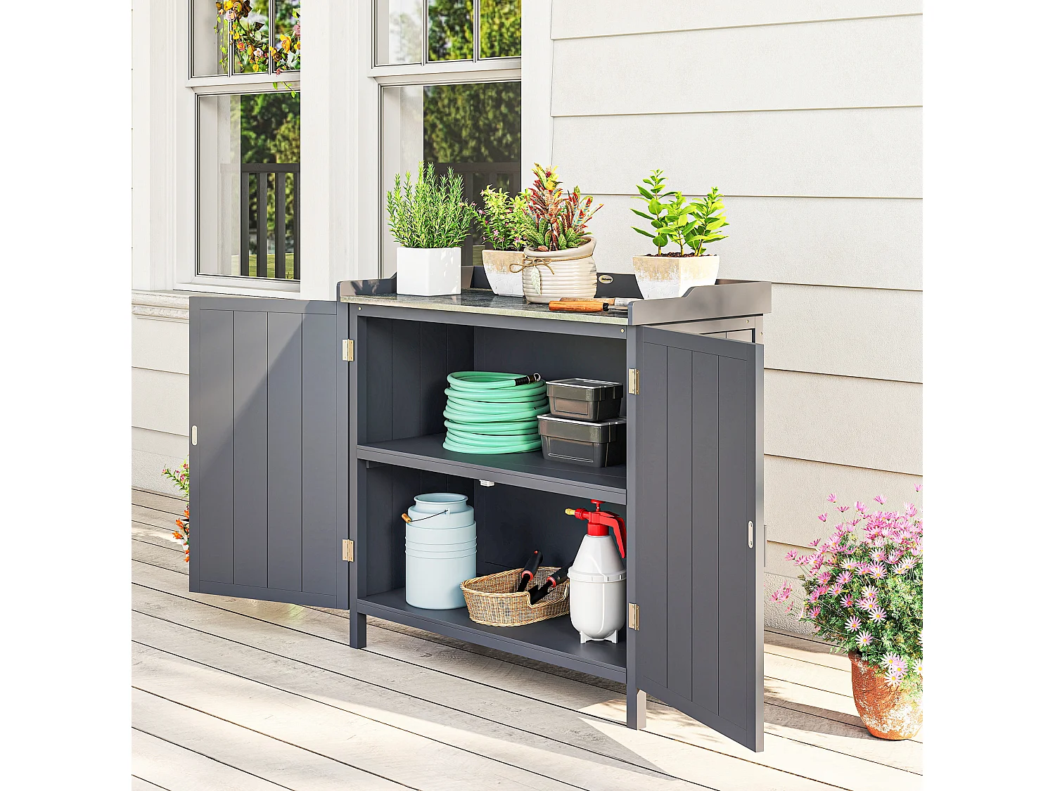 Armadietto da esterno a 2 livelli in legno e metallo grigio