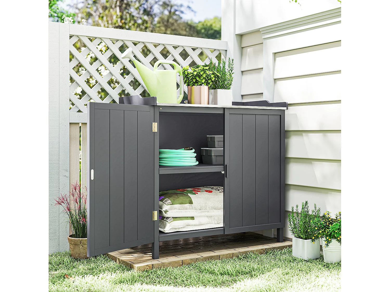 Armadietto da esterno a 2 livelli in legno e metallo grigio