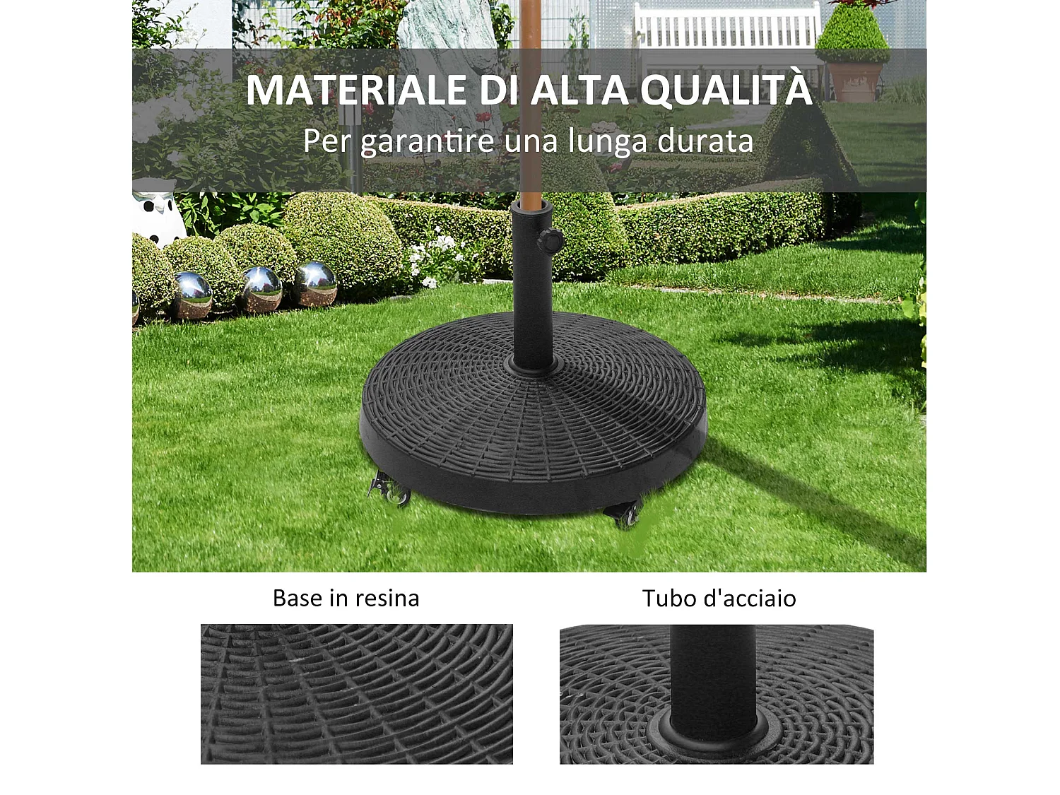 Base per Ombrellone da Giardino Rotonda a 4 Ruote con Freni
