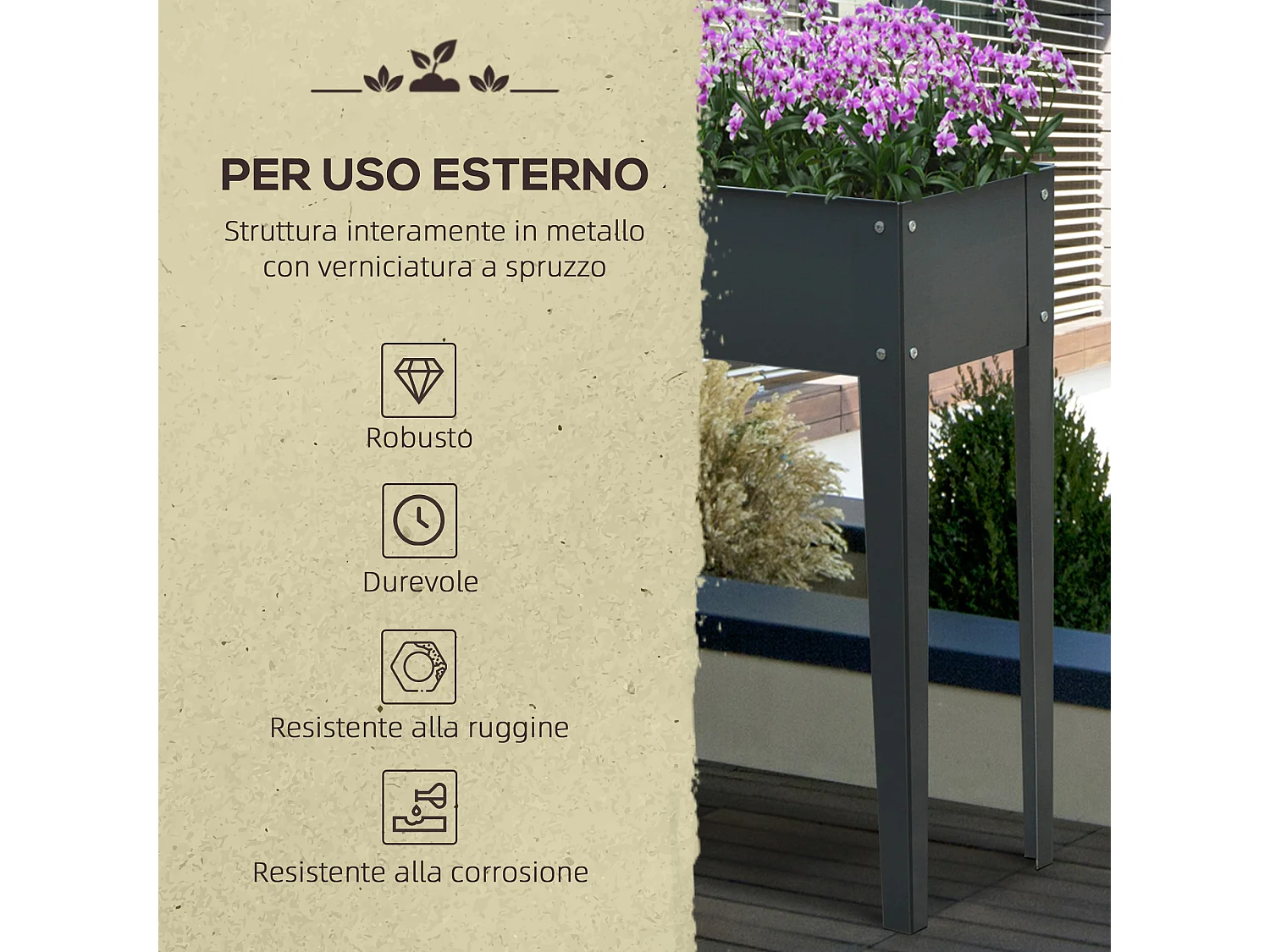 Fioriera rialzata in metallo con 3 fori di drenaggio grigio