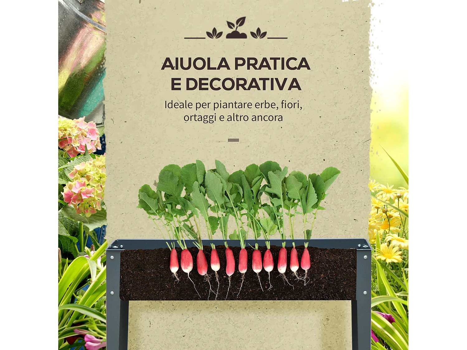 Fioriera rialzata in metallo con 3 fori di drenaggio grigio