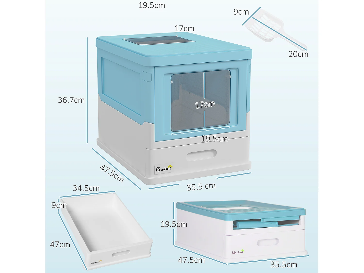 Lettiera gatti chiusa con paletta vassoio estraibile 2 porte azzurro
