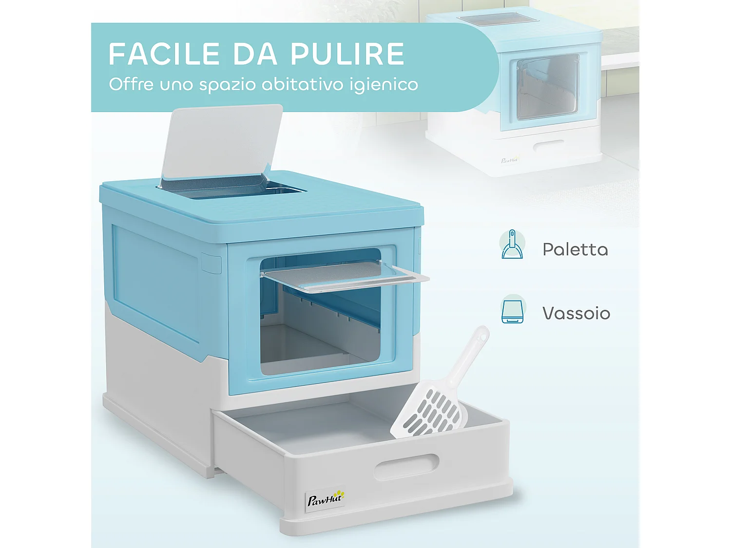 Lettiera gatti chiusa con paletta vassoio estraibile 2 porte azzurro