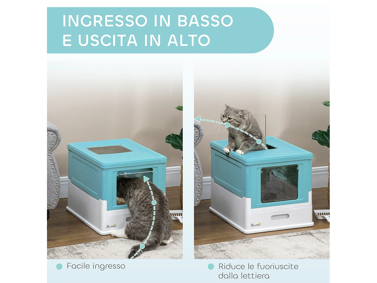 Lettiera gatti chiusa con paletta vassoio estraibile 2 porte azzurro