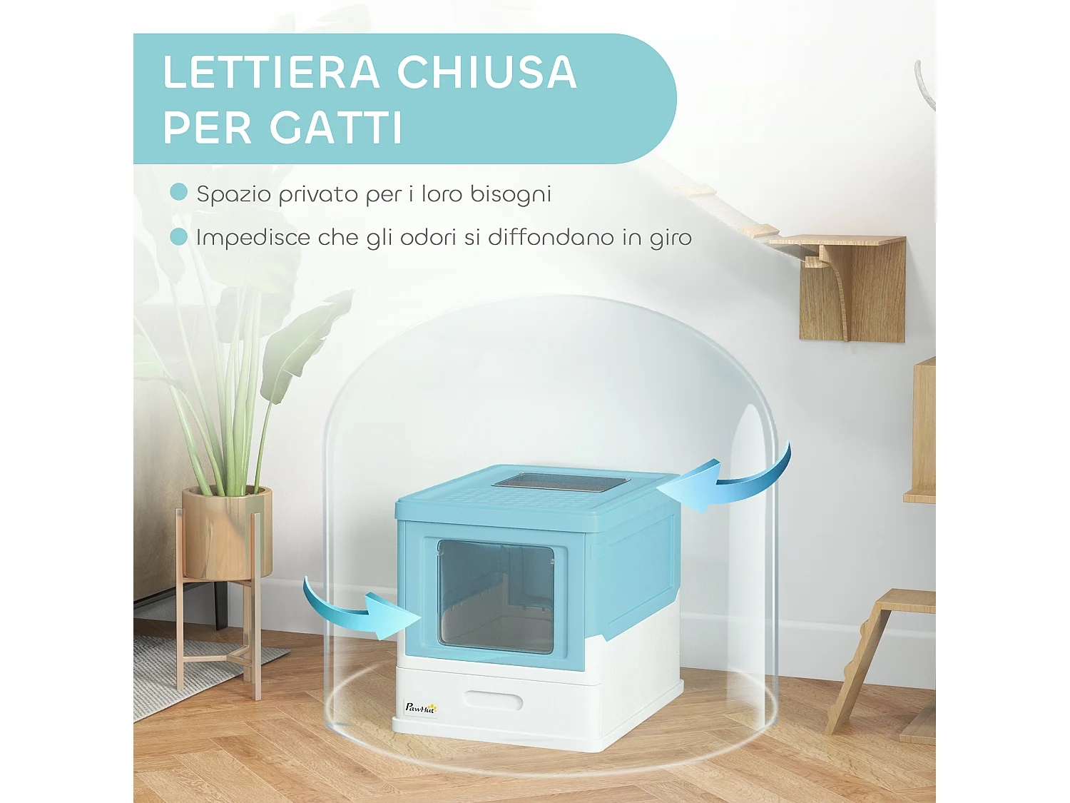 Lettiera gatti chiusa con paletta vassoio estraibile 2 porte azzurro