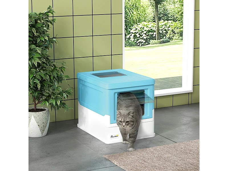 Lettiera gatti chiusa con paletta vassoio estraibile 2 porte azzurro