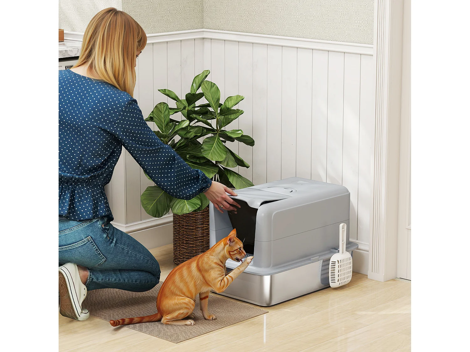Lettiera per gatti in pp con vassoio in acciaio inox grigio e argento