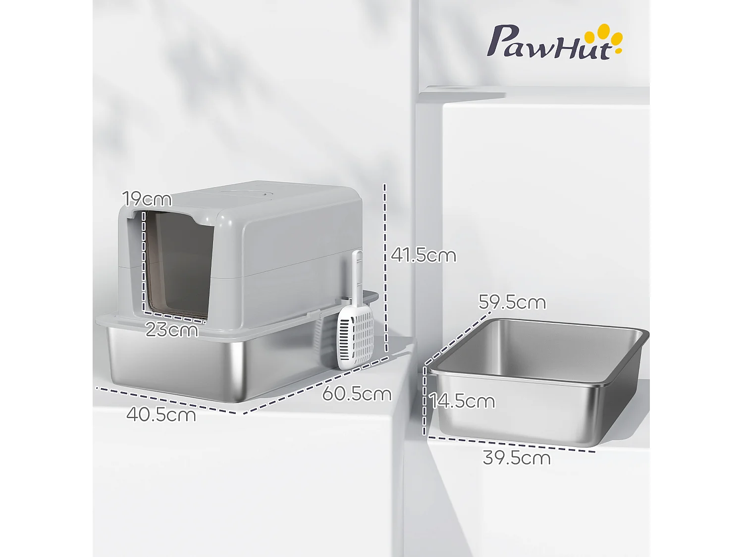 Lettiera per gatti in pp con vassoio in acciaio inox grigio e argento