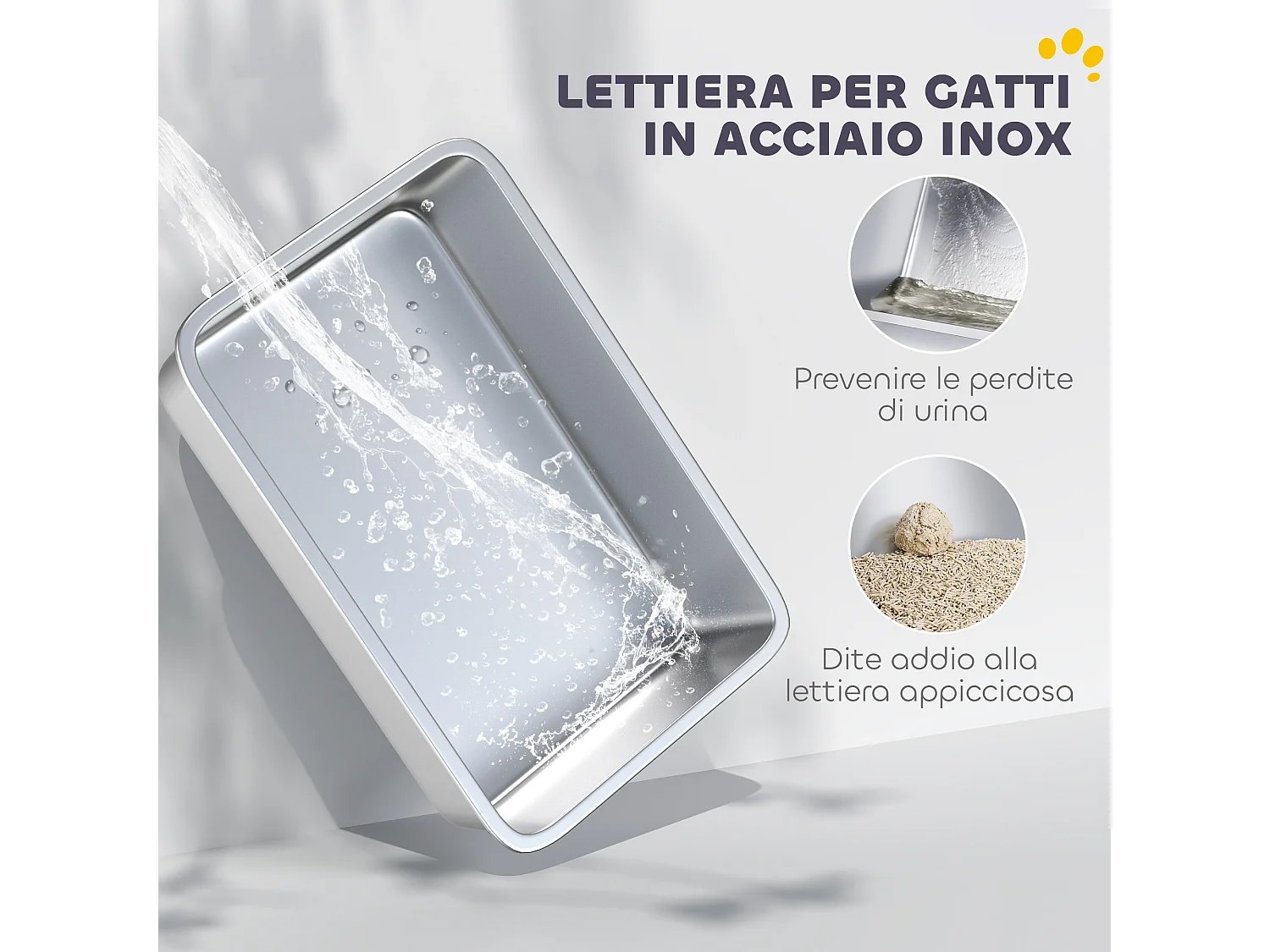 Lettiera per gatti in pp con vassoio in acciaio inox grigio e argento