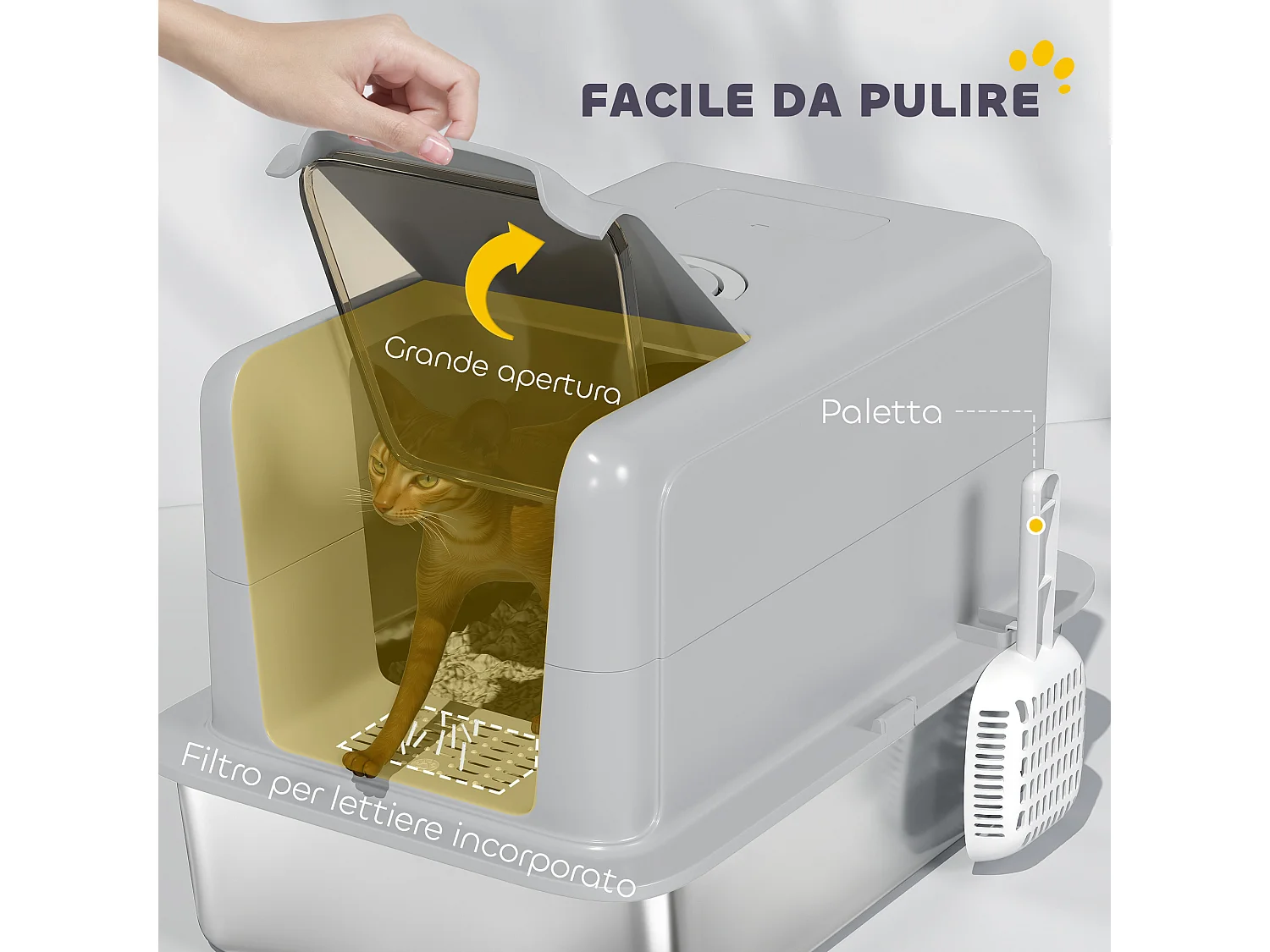 Lettiera per gatti in pp con vassoio in acciaio inox grigio e argento