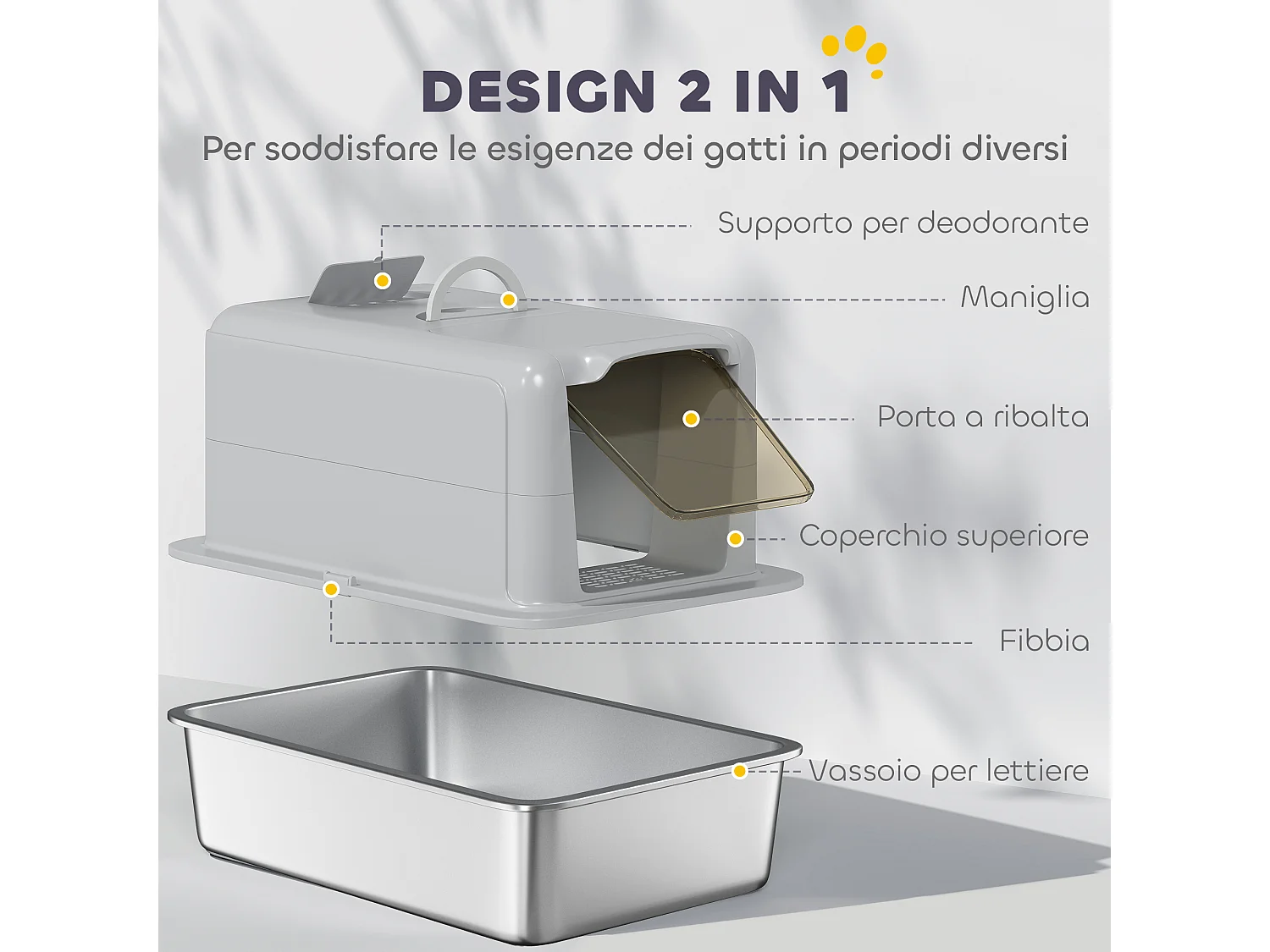 Lettiera per gatti in pp con vassoio in acciaio inox grigio e argento