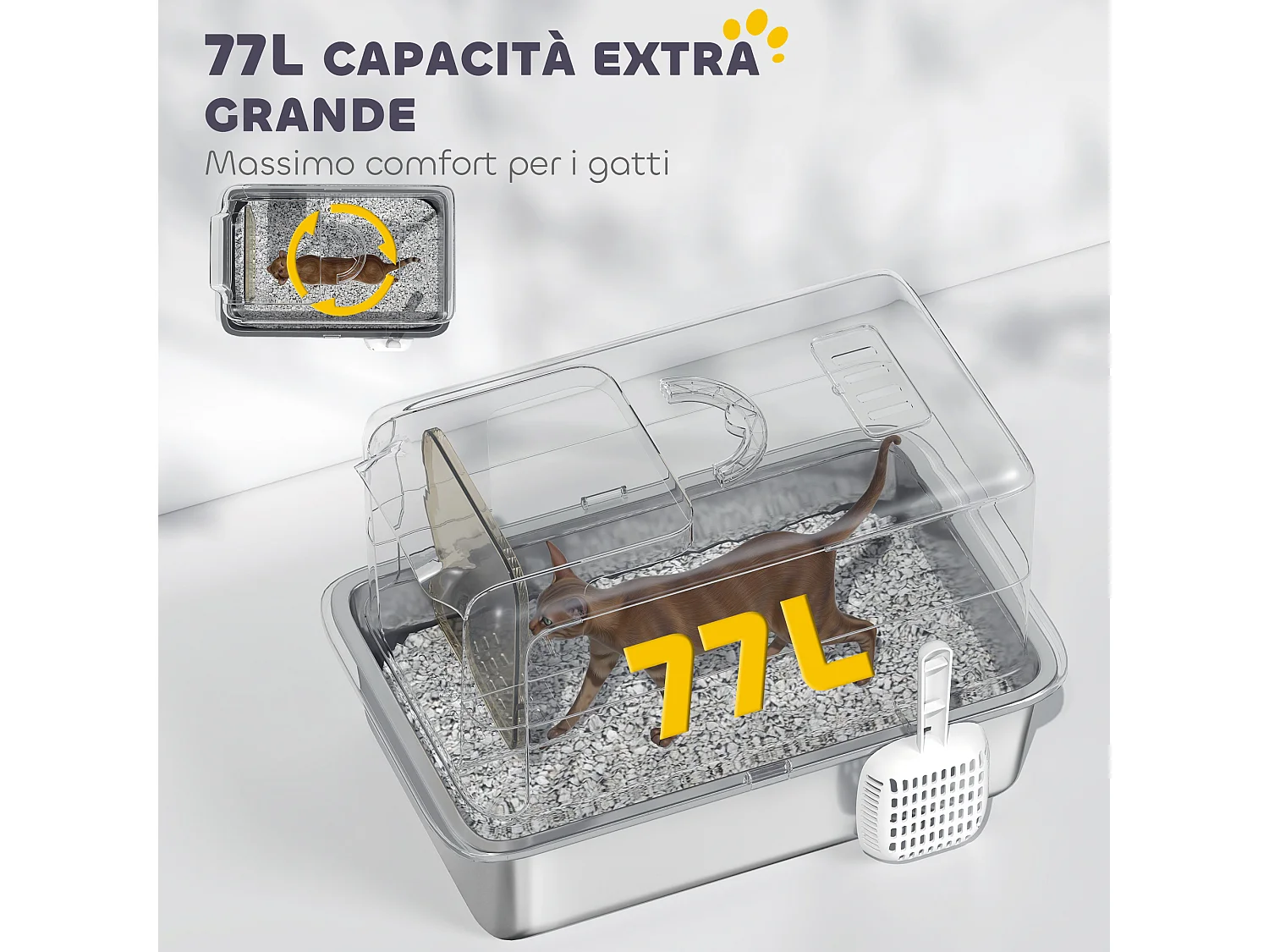 Lettiera per gatti in pp con vassoio in acciaio inox grigio e argento