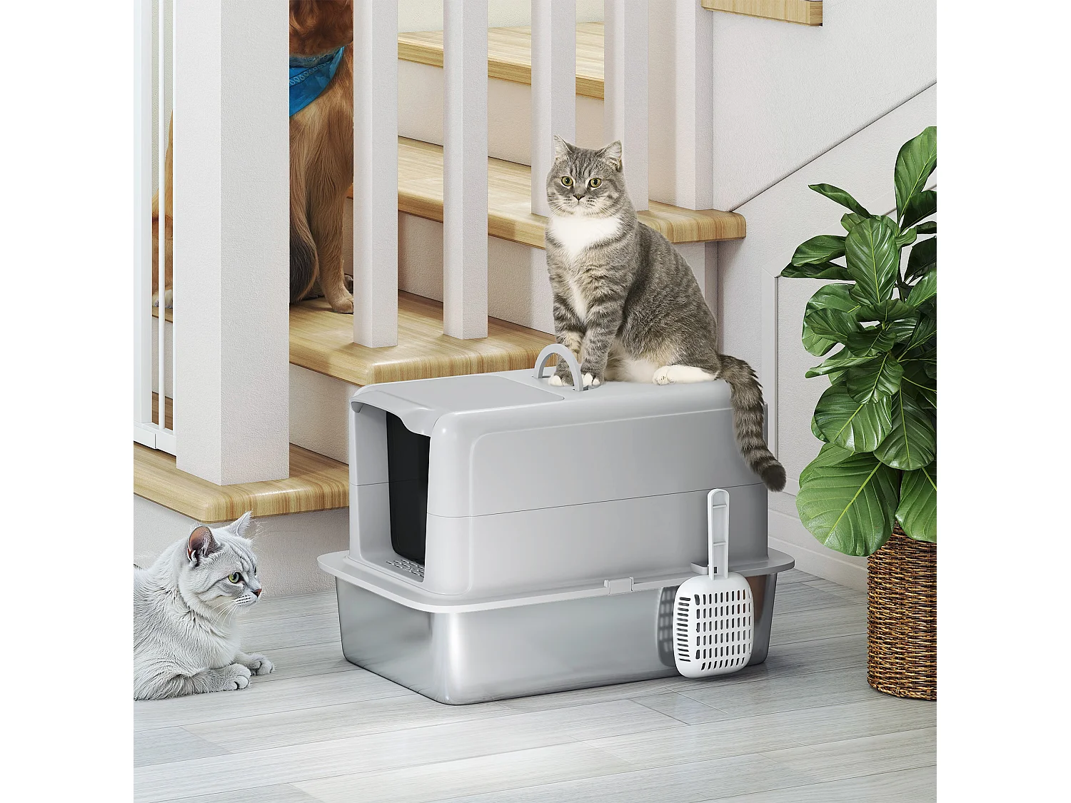 Lettiera per gatti in pp con vassoio in acciaio inox grigio e argento